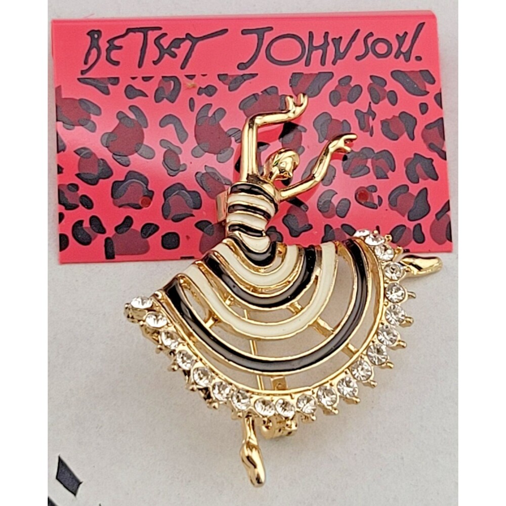NWT Betsey Johnson Black White Enamel Rhinestone 2.25" 💃Ballerina Brooch Pin
